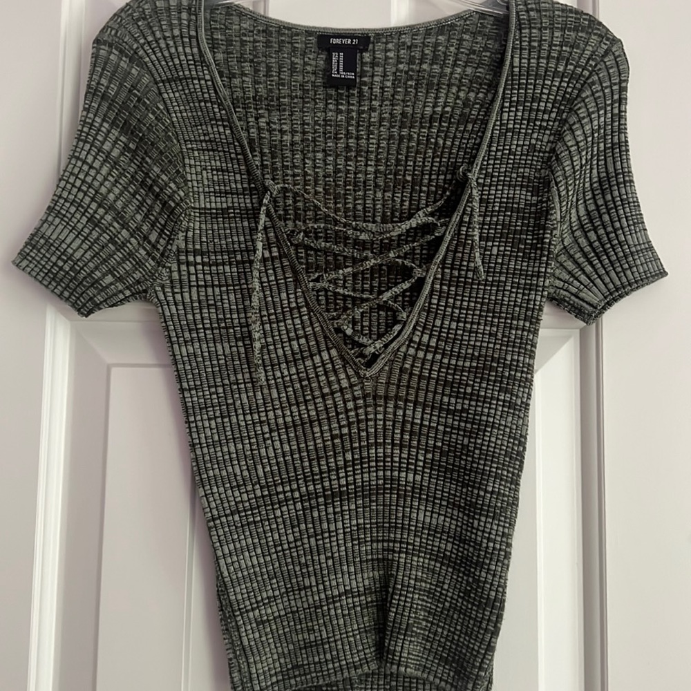 Forever 21 green and white cropped t-shirt with lace up detail!